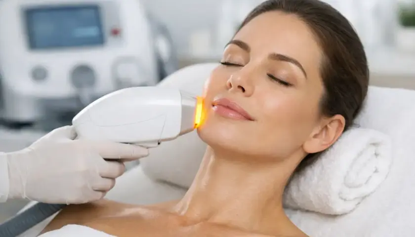 En kvinna får en ansiktsbehandling med en ipl laser.