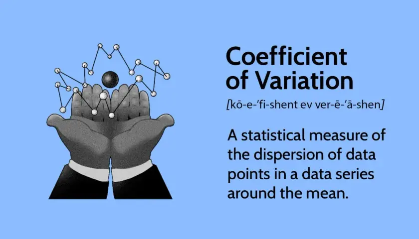 Mani che sorreggono un grafico a punti e linee, con la dicitura "Coefficient of Variation". Utile per calcolare il coefficiente di variazione in Excel.