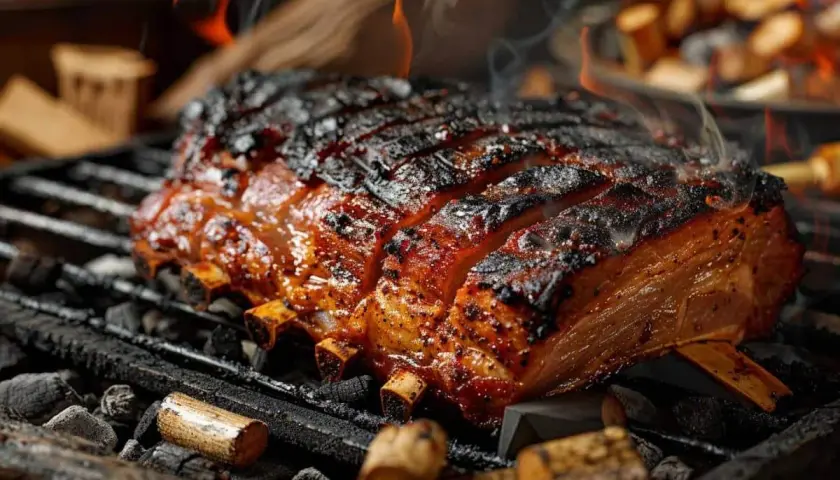 Un morceau de viande savoureux sur un gril, avec des braises et des flammes. Le fumage à chaud lui donne une croûte caramélisée et appétissante.