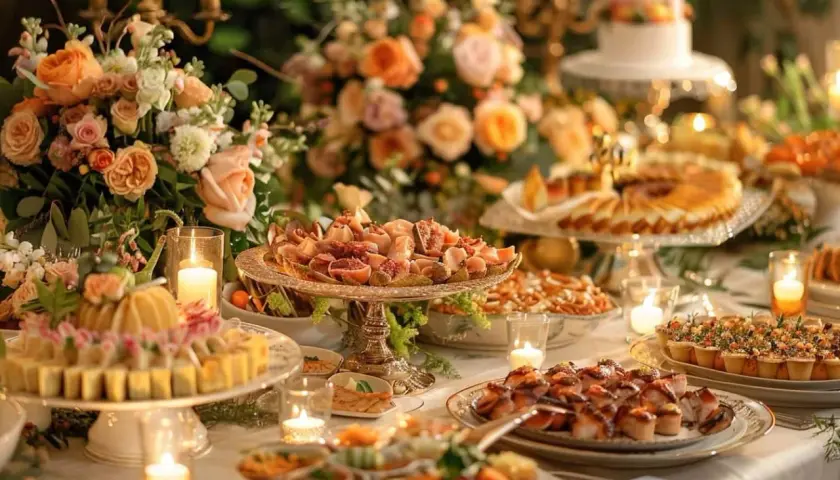 Un buffet somptueux, la formule parfaite pour un mariage : fleurs, bougies et délices sucrés et salés.
