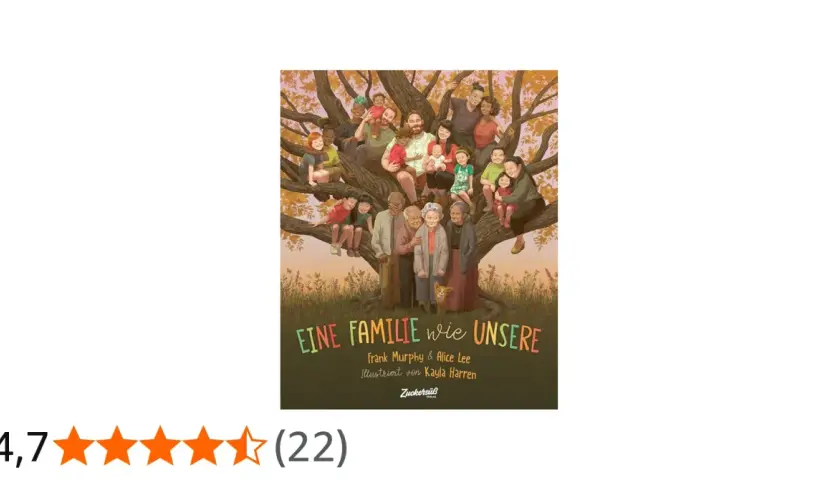 Eine bunte, vielfältige Gruppe von Menschen, von Großeltern bis zu Babys, sitzt und steht auf den Ästen eines großen Baumes. Sie repräsentieren eine Familie wie unsere.