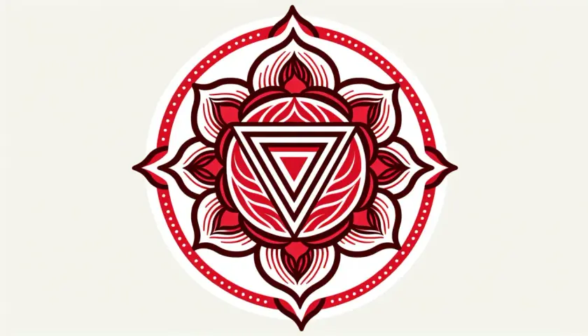 Czerwona mandala z trójkątem w środku, symbolizująca czakrę.