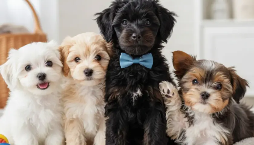 Cuatro cachorros adorables, ejemplos de razas de perros pequeños y cariñosos, posan juntos. Uno lleva un pajarita azul.