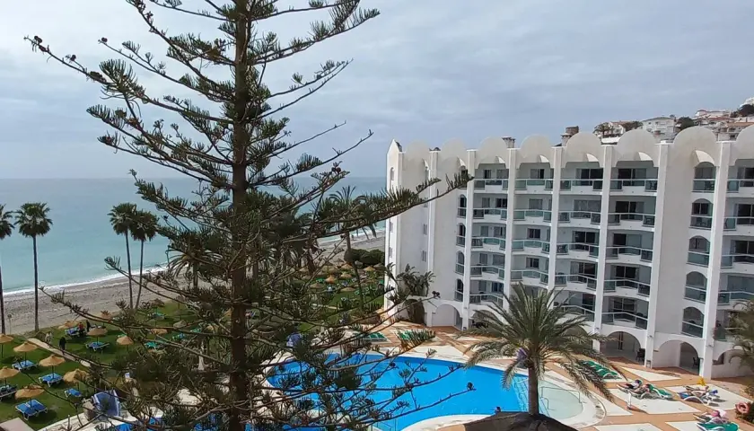Vista de un hotel con piscina y playa, con palmeras y un pino en primer plano. Un día nublado en las **marinas de Nerja**.