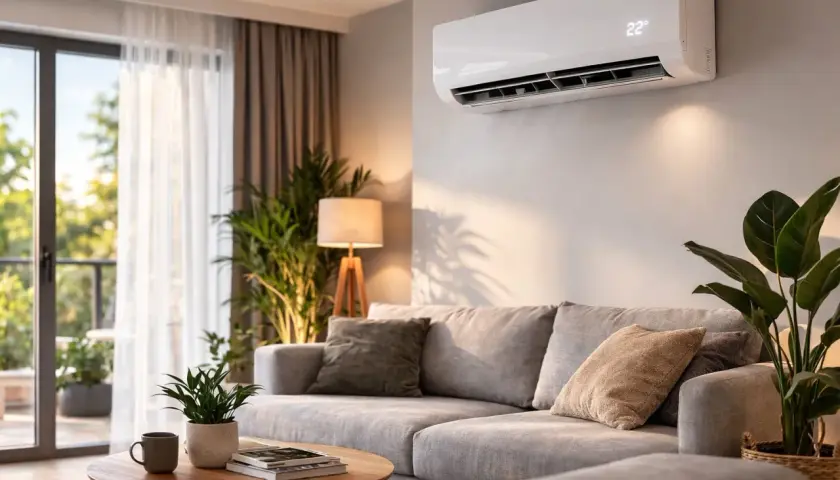 Nowoczesny salon z klimatyzatorem na ścianie, sofą i roślinami.