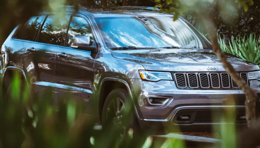 Szary Jeep Grand Cherokee 3.6 zaparkowany wśród zieleni.