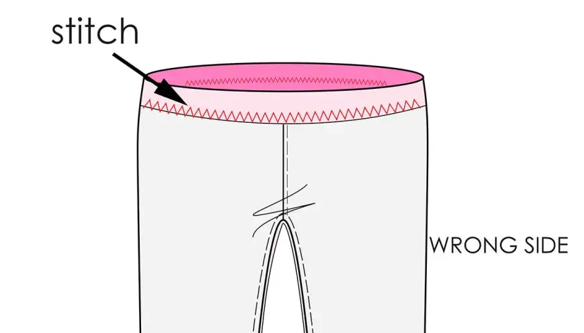 Illustration showing the wrong side of a garment with a pink casing and red zigzag stitch, indicating a step in casing sewing.