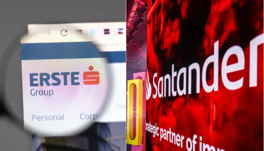 Ekran z logo Erste Group i zbliżenie na napis Santander, sugerujące księgowanie w banku.