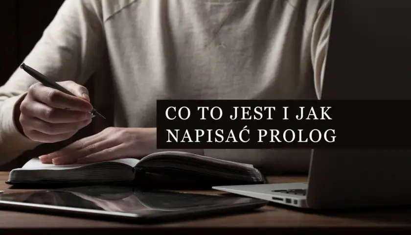 Osoba pisze w notatniku, obok laptop. Tekst: "Co to jest i jak napisać prolog". Dowiedz się, jakie są funkcje prologu w powieści i kiedy lepiej z niego zrezygnować.