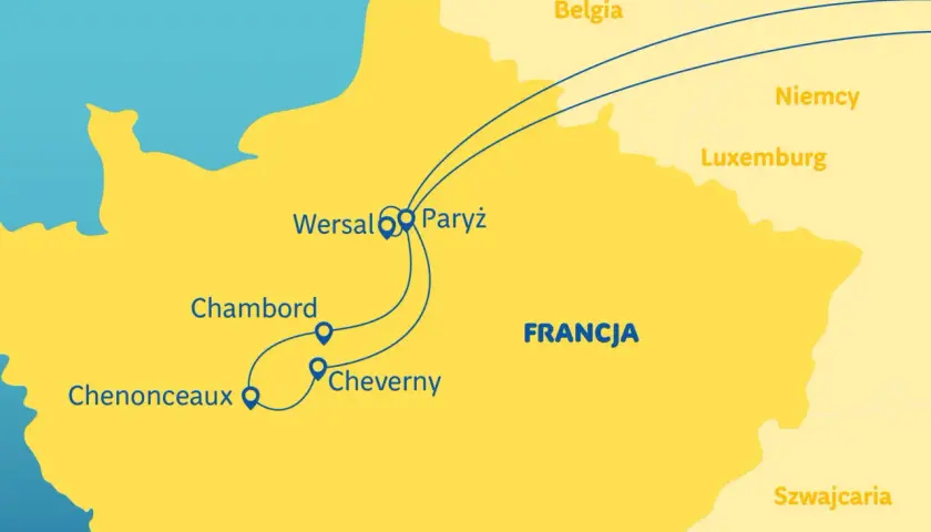 Mapa Francji z zaznaczonymi trasami do zamków nad Loarą: Wersal, Paryż, Chambord, Chenonceaux, Cheverny.