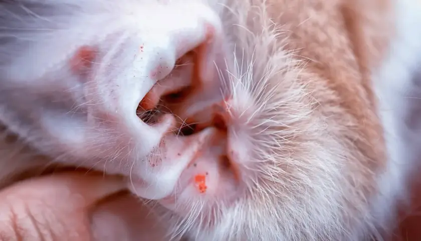 Nahaufnahme eines Katzenohrs mit roten Entzündungen und Krusten, die auf Parasiten bei der Katze hindeuten.