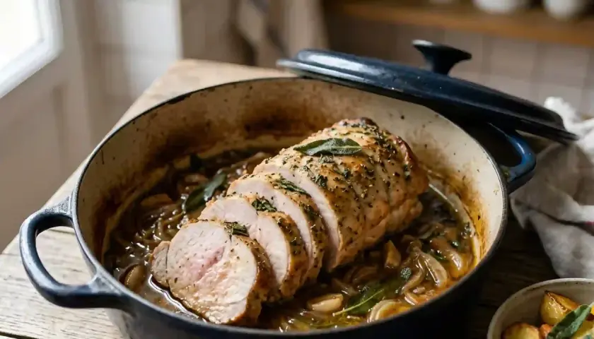 Un délicieux roti de porc cocotte, tranché et baignant dans une sauce savoureuse aux herbes et oignons.