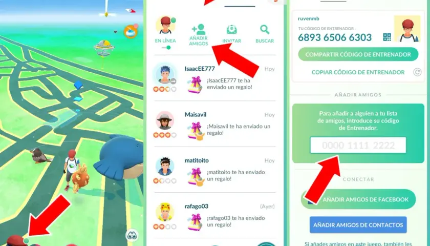 Gra Pokémon Go: ekran z listą znajomych, kodem trenera i mapą. Widoczni gracze i ikony prezentów od znajomych.