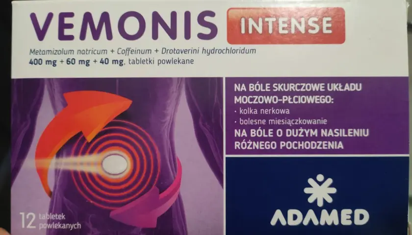Opakowanie leku Vemonis Intense z grafiką symbolizującą ból i ulgę.