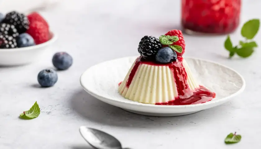 Vegane Panna Cotta mit Beerensoße und frischen Beeren, ein leichter Genuss.