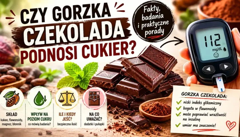 Czy gorzka czekolada jest zdrowa? Obraz przedstawia stos gorzkiej czekolady, kakao, glukometr i listę korzyści zdrowotnych.