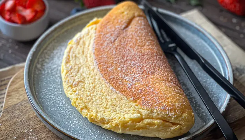 Puszysty omlet z białkiem, lekko posypany cukrem pudrem, czeka na talerzu obok widelca i noża. W tle widać miseczkę z truskawkami.