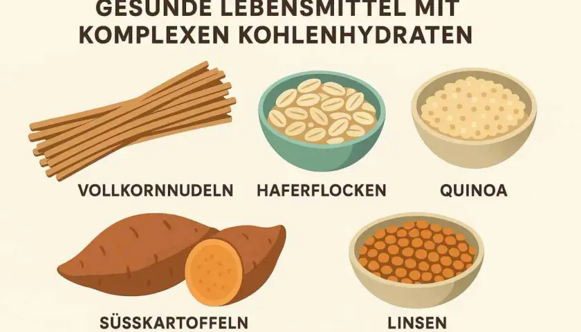 Gesunde Lebensmittel mit komplexen Kohlenhydraten: Vollkornnudeln, Haferflocken, Quinoa, Süßkartoffeln und Linsen.