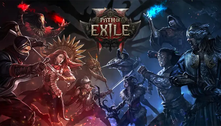 Postacie z Path of Exile w dynamicznej walce, gotowe do akcji. Spolszczenie gry dodaje głębi tej mrocznej fantastyce.