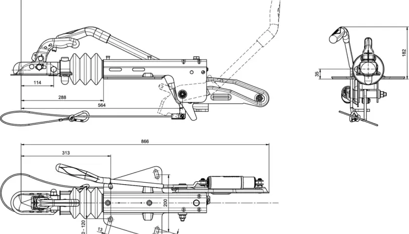 Disegno tecnico di un freno a inerzia per rimorchi, con quote e dettagli costruttivi.