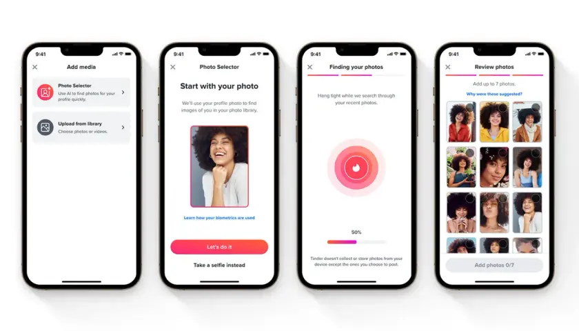 Proces dodawania zdjęć na Tinder: wybór z biblioteki, wyszukiwanie przez AI, przeglądanie i dodawanie do profilu.