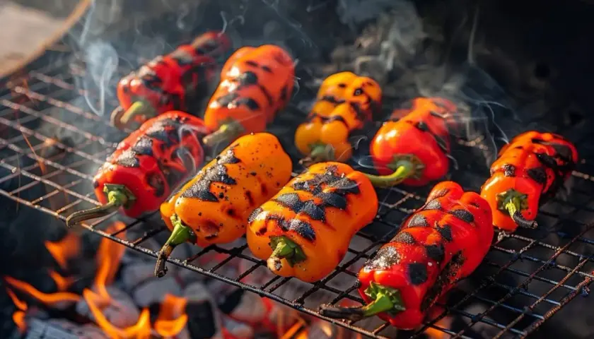 Poivrons rouges et jaunes grillés sur un barbecue, dégageant une fumée alléchante. Le poivron barbecue parfait pour un repas d'été.