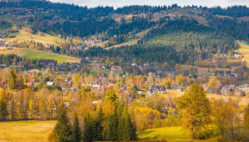 Widok na Zakopane jesienią, z górami i lasami w tle.