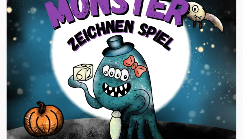 Ein lustiges Spiel, um Monster zu malen! Ein blauer, dreiaugiger Kerl mit Hut und Schleife hält einen Würfel.