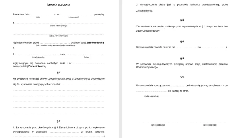 Umowa zlecenia zawiera dane stron, zakres prac, wynagrodzenie i postanowienia dotyczące realizacji zlecenia.
