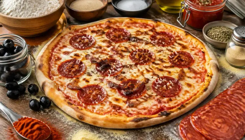Pizza chorizo appétissante, garnie de rondelles de chorizo croustillantes, entourée d'ingrédients frais pour une création parfaite.
