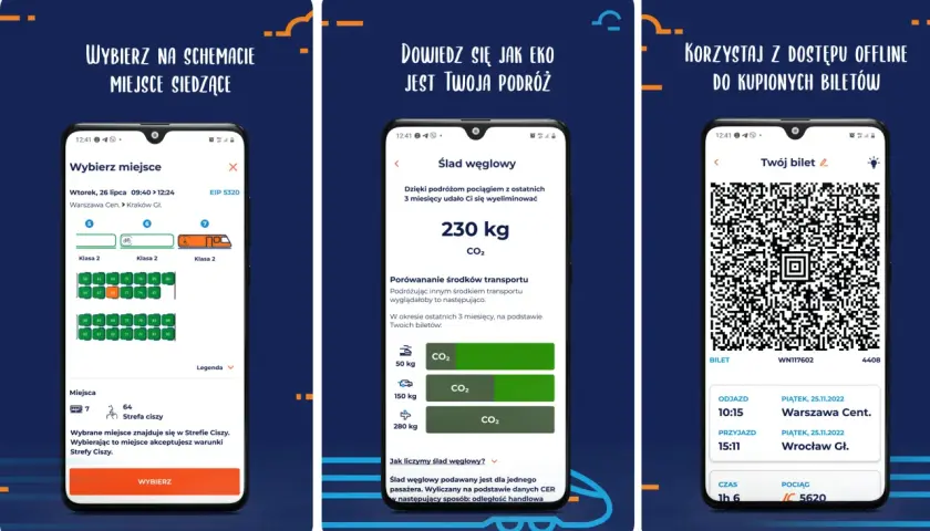 Aplikacja mobilna ic mobile navigator pokazuje wybór miejsc, ślad węglowy podróży i bilet offline.