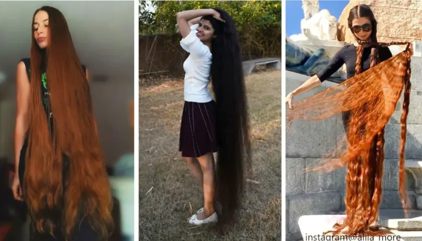 Tres mujeres exhiben su impresionante melena, una pelirroja larga, otra morena hasta el suelo y una tercera mostrando su larga melena cobriza.
