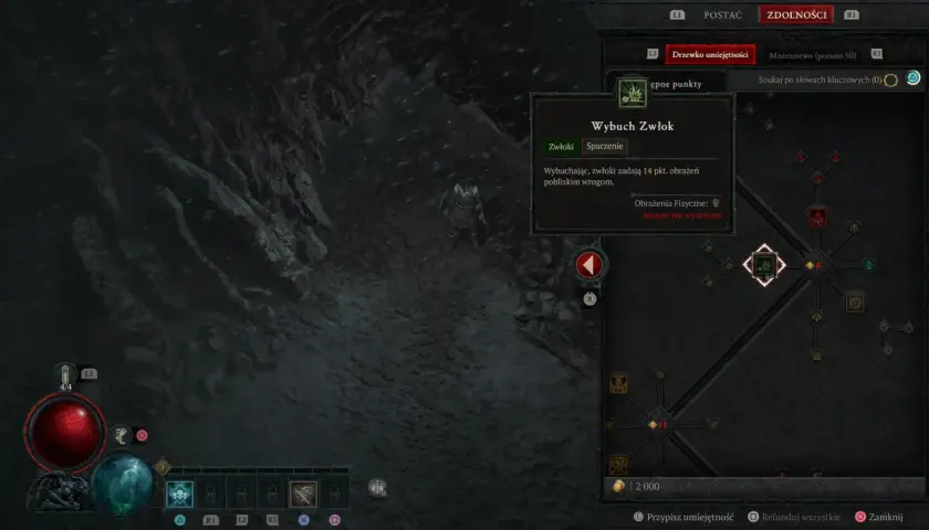 Drzewko umiejętności w Diablo 4, gdzie gracz wybiera "Wybuch Zwłok" do swoich diablo 4 buildy.