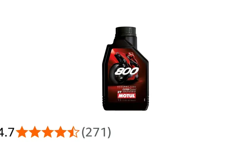 Czarna butelka oleju Motul 800 2T z grafiką motocykla wyścigowego.