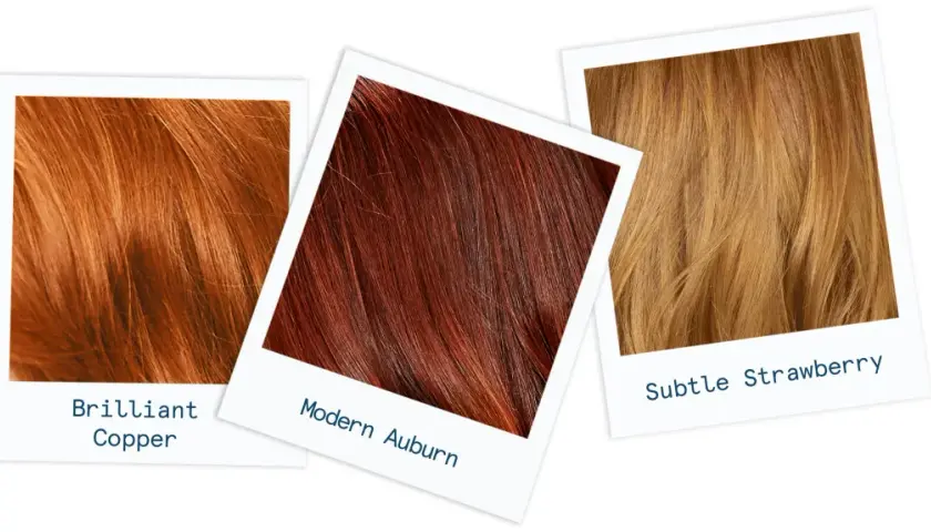 Tres mechones de cabello: cobre brillante, auburn moderno y fresa sutil.