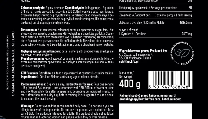 Suplement diety KFD Premium Citrulline zawiera jabłczan L-cytruliny. Od lat stosowany w sporcie, wspiera wydolność.