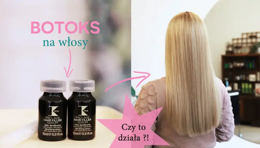 Dwie buteleczki serum do włosów i blond włosy kobiety.