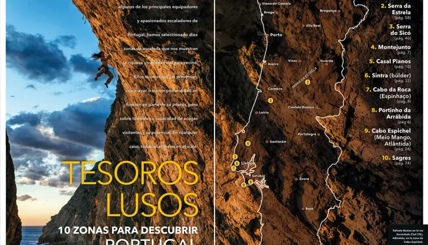 Una escaladora desafía una pared rocosa en Portugal, destacando la riqueza de la escalada en el país.