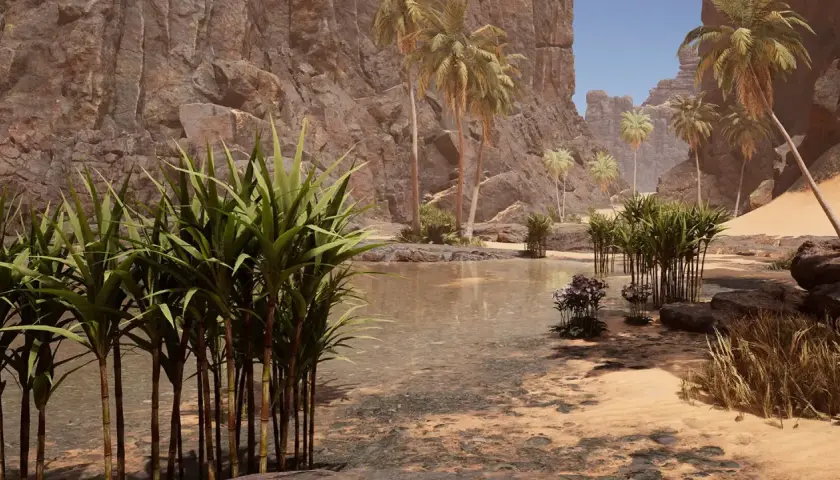 Eine Oase in einer Wüstenlandschaft, wie im Icarus Game. Palmen und üppige Vegetation umgeben einen kleinen See vor steilen Felsen.