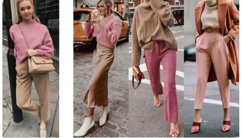 Stylizacje z pudrowym różem: jak łączyć z beżem i brązem. Eleganckie spodnie, spódnice i swetry.