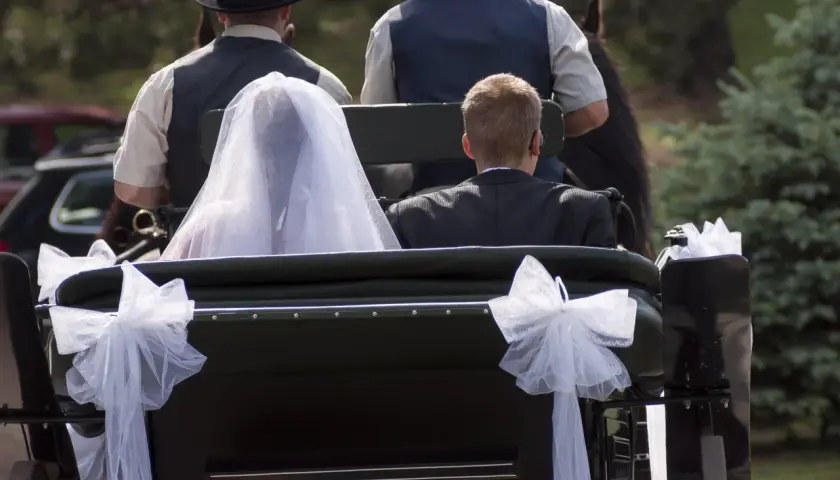 Carrozza nuziale con sposa e sposo. Un amore che nasce, forse innamorarsi di un uomo sposato, ma oggi è il loro giorno.