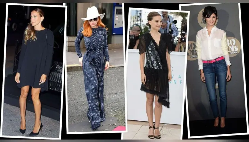 Quatre femmes célèbres montrent comment s'habiller quand on est petite : robe noire, combinaison à pois, robe asymétrique, chemise et jean.