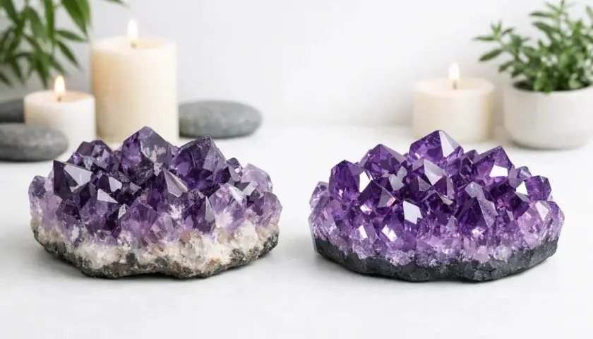 Zwei Amethyst-Geoden, die für ihre beruhigende und spirituelle Amethyst Bedeutung bekannt sind, stehen neben Kerzen und Pflanzen.