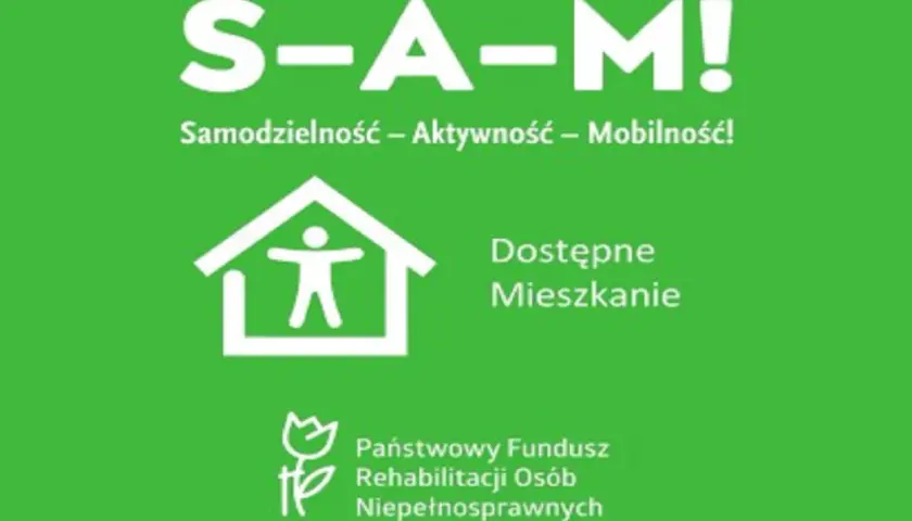 Grafika z napisem S-A-M!, ikoną domu z postacią i logo PFRON.