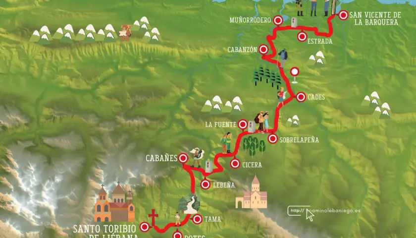 Mapa ilustrado del camino lebaniego en 5 etapas, con peregrinos y monumentos.