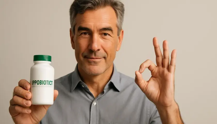 Uomo sorridente mostra un flacone di integratore con Lactobacillus helveticus R0052 e Bifidobacterium longum R0175, facendo il segno OK.