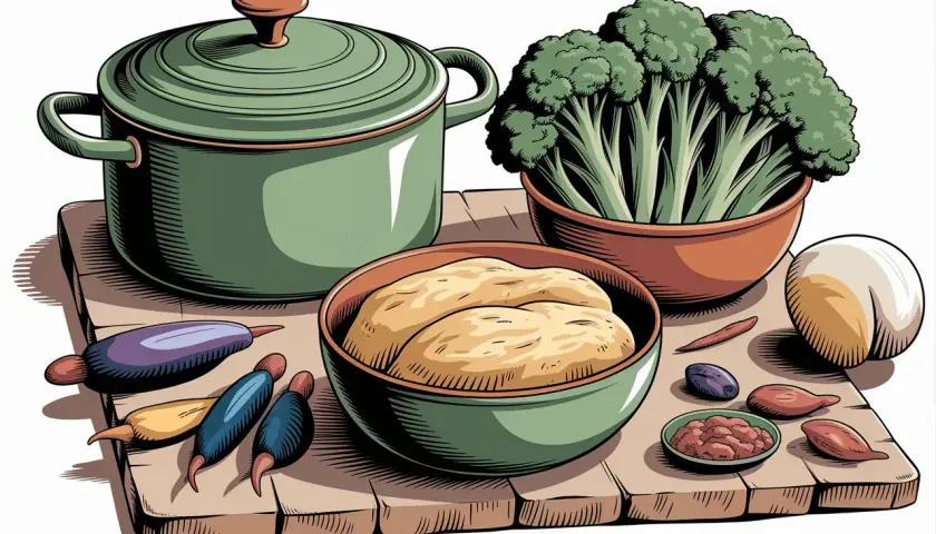 Préparation des pâtes aux brocolis à la sicilienne : brocolis frais, pâtes, aubergines, piments et une cocotte.