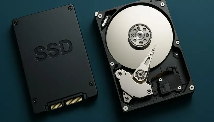 Comparativa de dos tipos de disco duro: un SSD negro y un disco duro mecánico abierto mostrando sus platos.