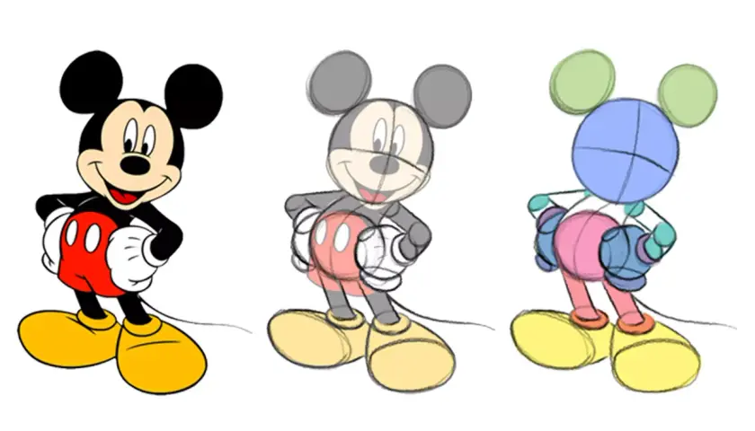 Drei Mickey-Maus-Zeichnungen: fertig, skizziert, mit Farbblöcken.