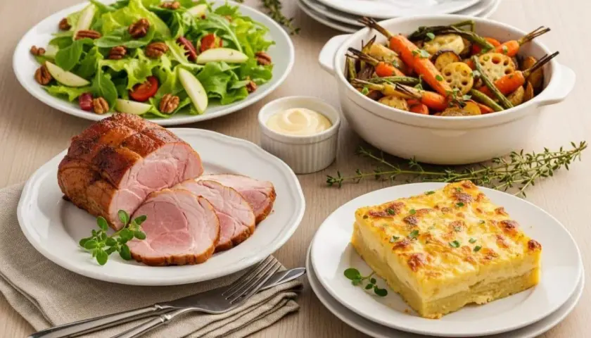 Un rôti de porc froid tranché, servi avec une salade verte croquante, des légumes rôtis et un gratin dauphinois. Parfait pour accompagner un rôti de porc froid.